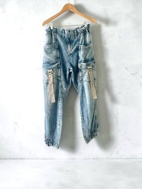 Free People We The Free Hazel Pull-On Zip Up Drop-Waist Harem Cargo Jeans Size S
